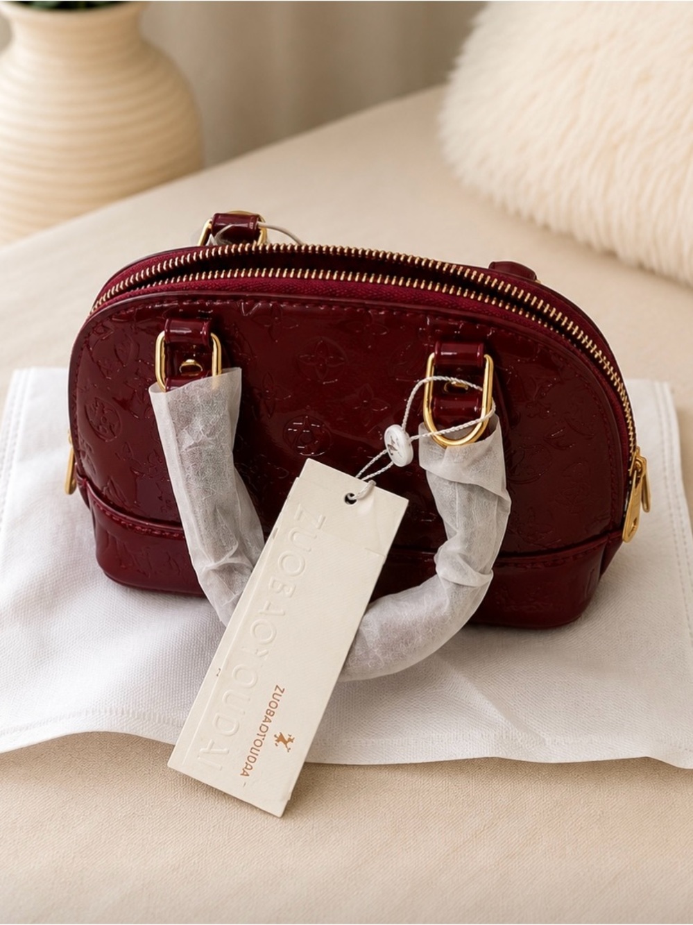 Patent Leather Dome Satchel in Deep Burgundy
